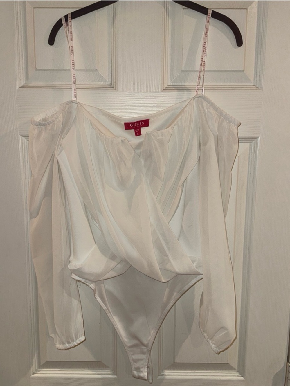 GUESS White Off-Shoulder Sheer Draped Bodysuit